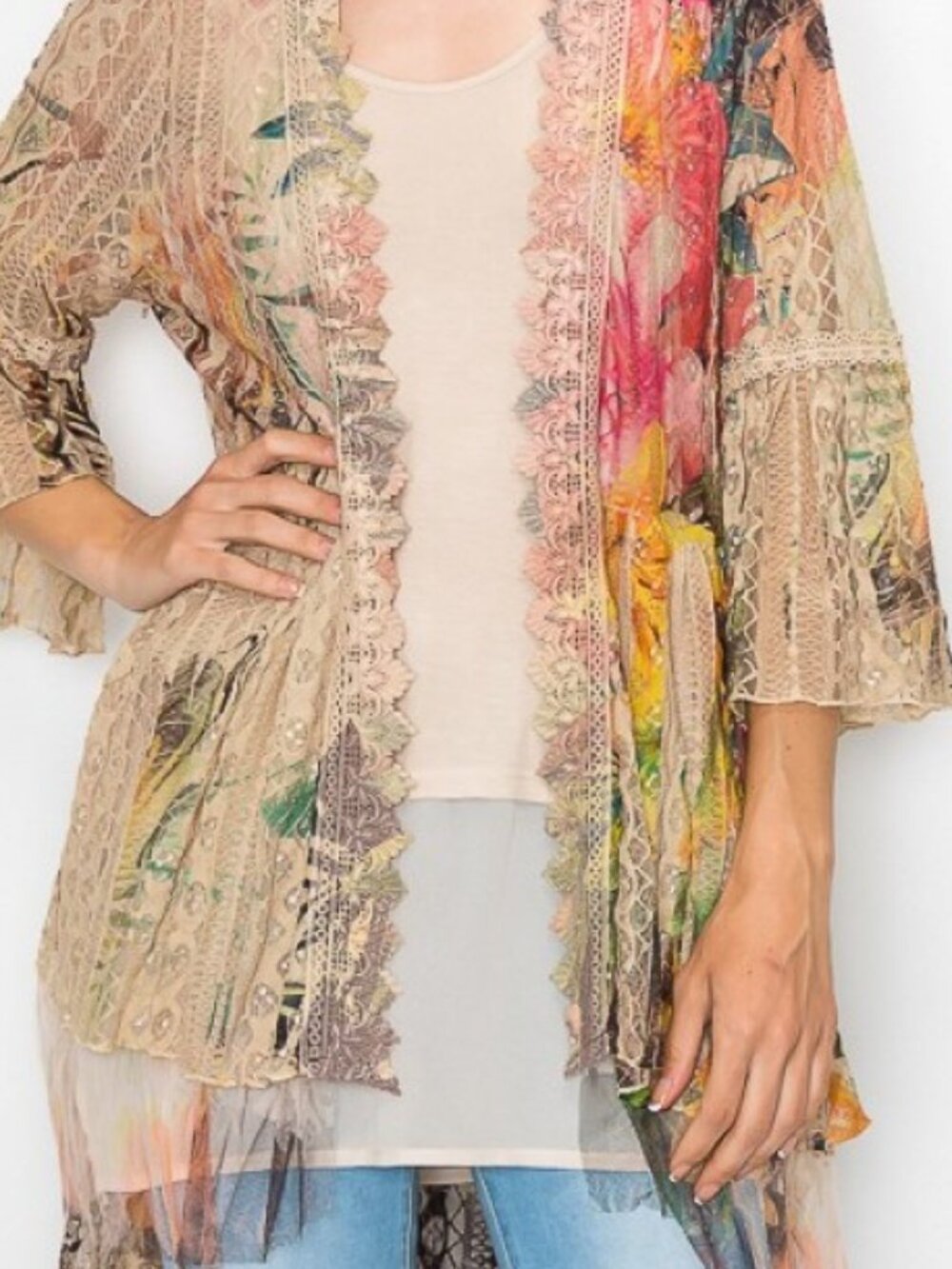 new ORIGAMI TROPICAL HAWAIIAN ALL LACE CARDIGAN KIMONO western boho CHIC SM-4X - Picture 2 of 11
